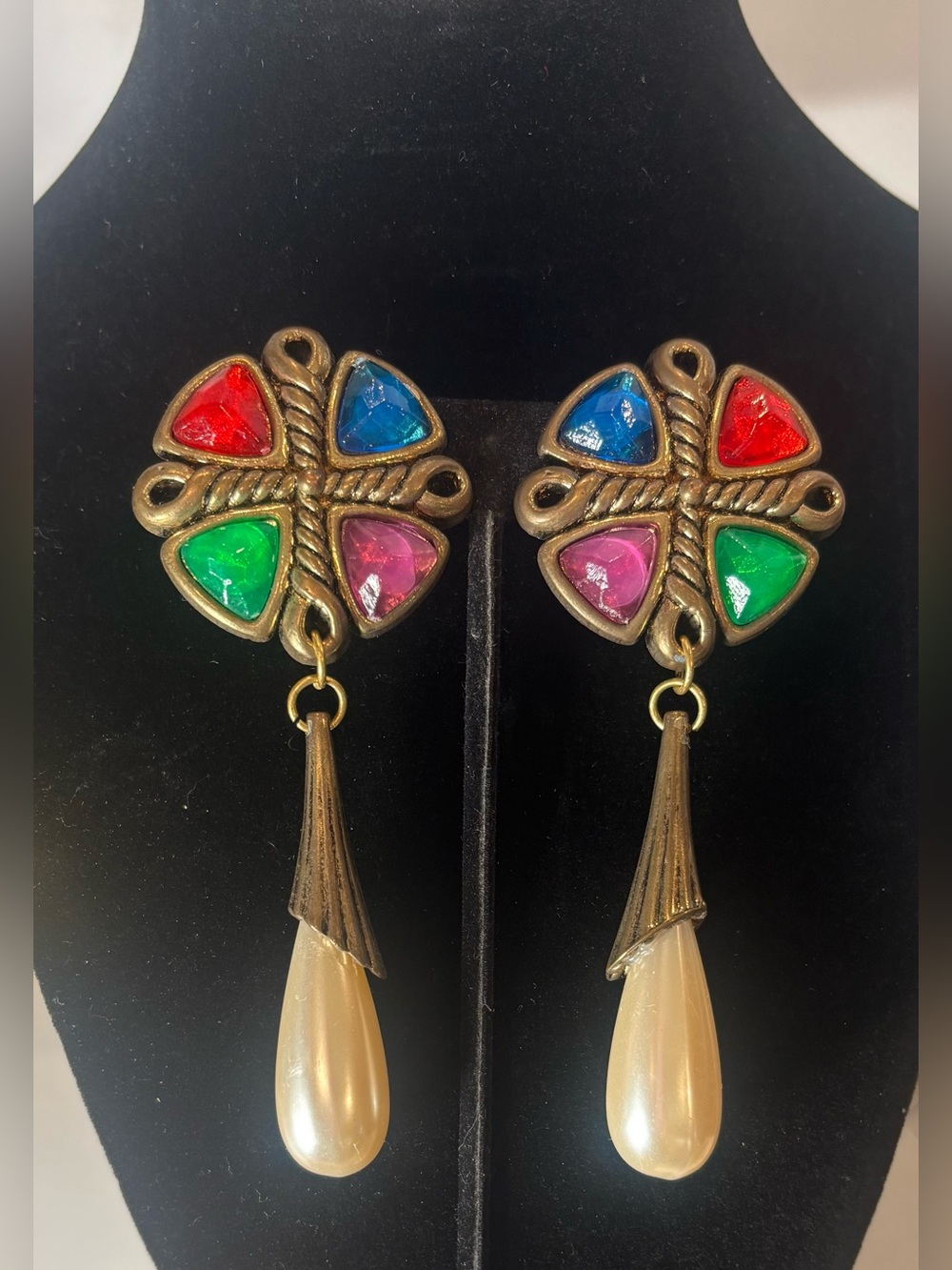 80s Glam Bold Clip-On Earrings‎ Retro Multi-Color Gem & Pearl Dangle